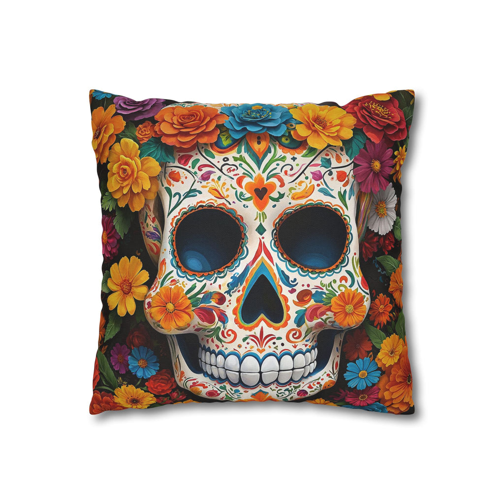 Decorative pillow with a colorful skull design and floral elements