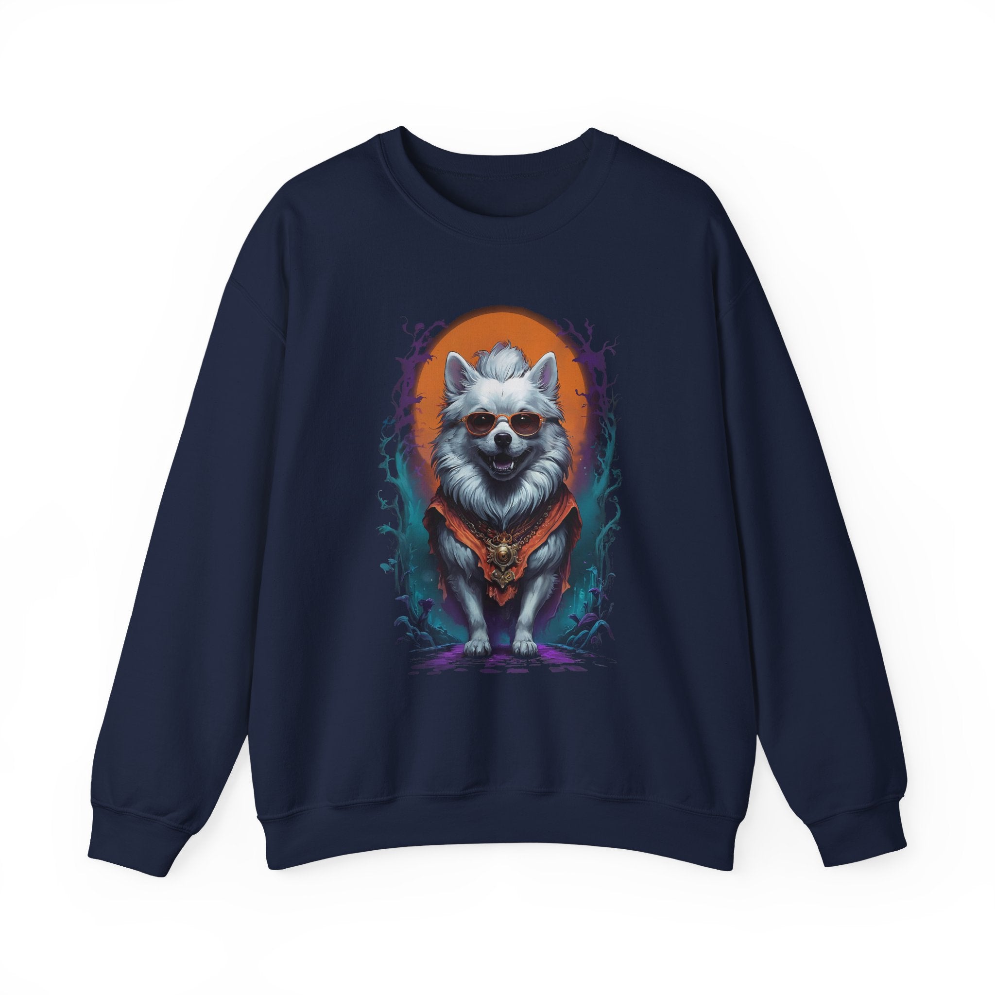 Navy blue sweatshirt with a graphic of a dog and orange circle on a white background