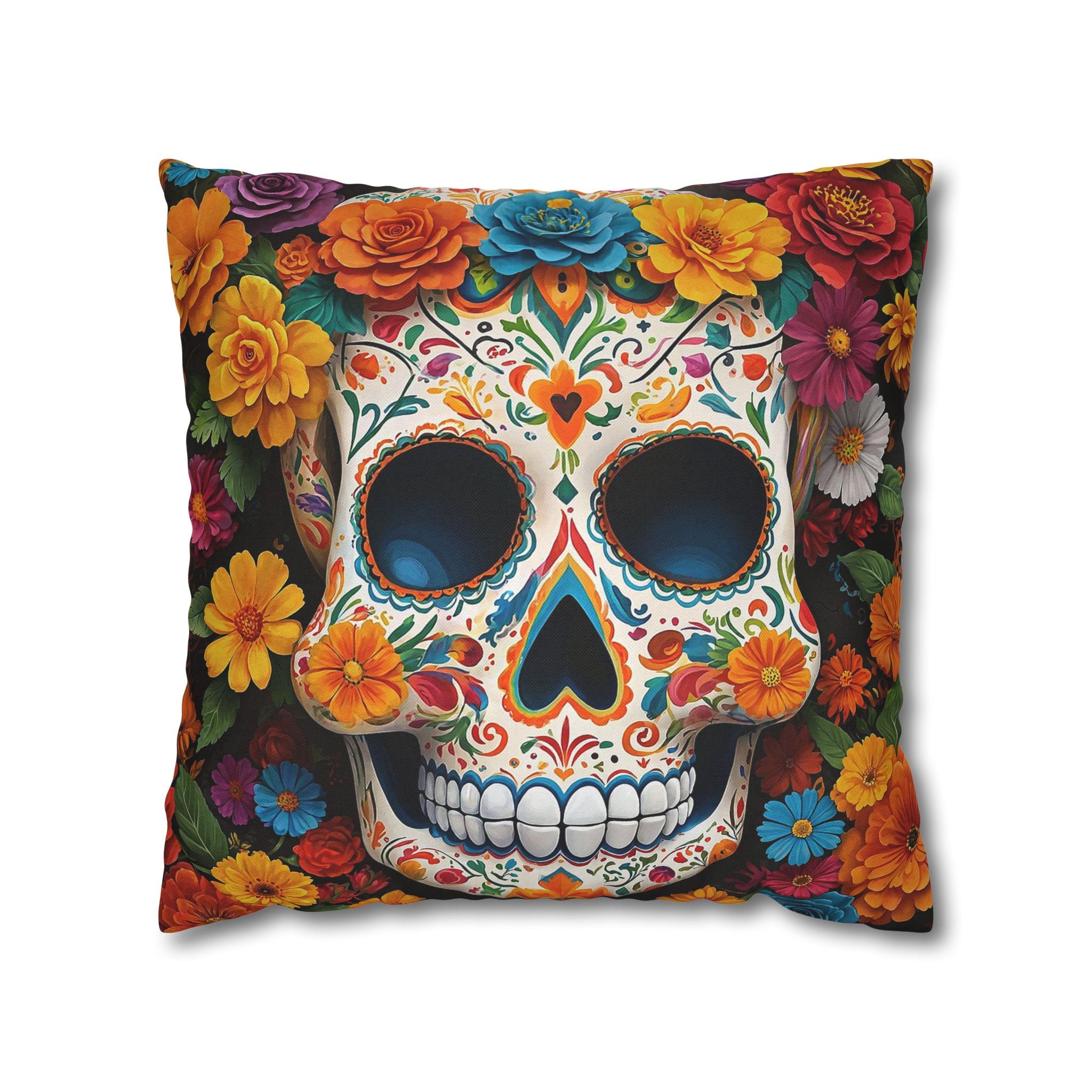 Decorative pillow with a colorful skull and floral design 