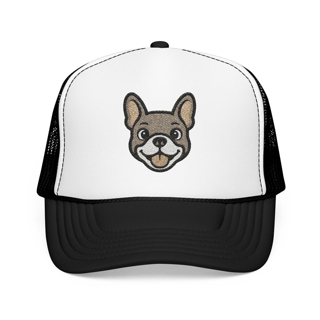 Trucker hat with a dog face design on a white background