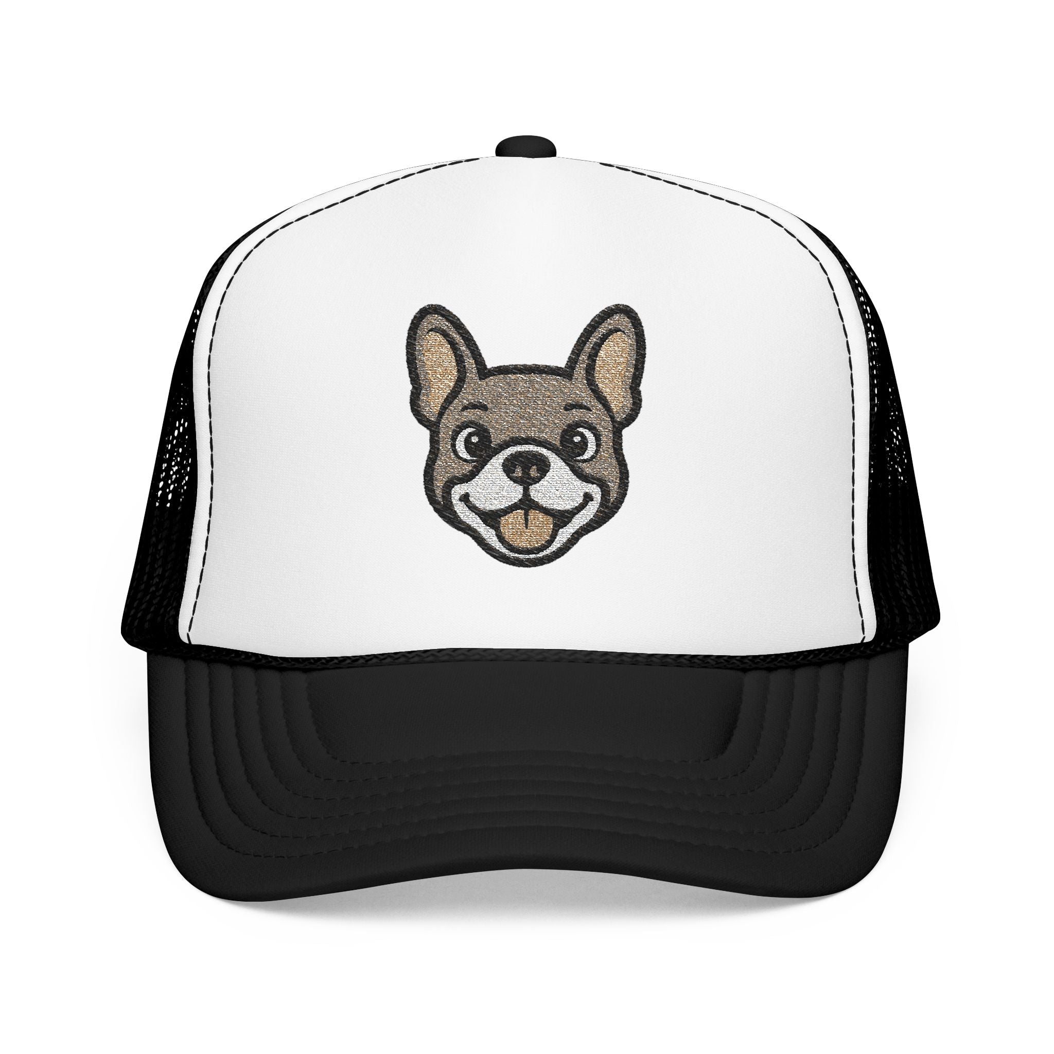 Trucker hat with a dog face design on a white background