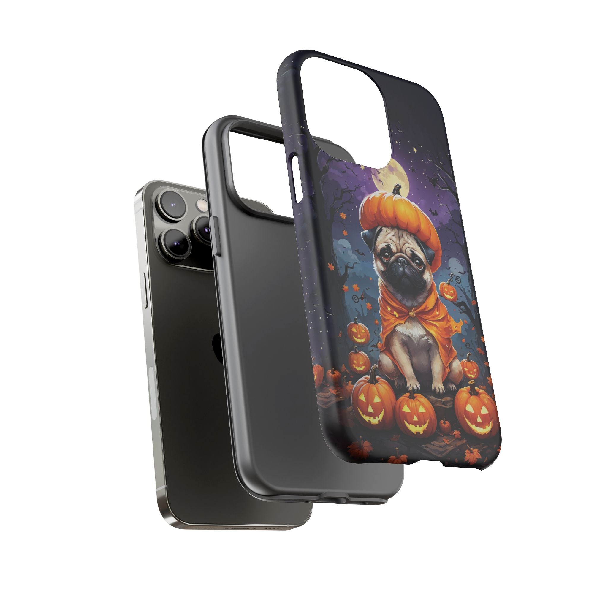 Phone case with a pug in an orange costume and pumpkins design on a white background