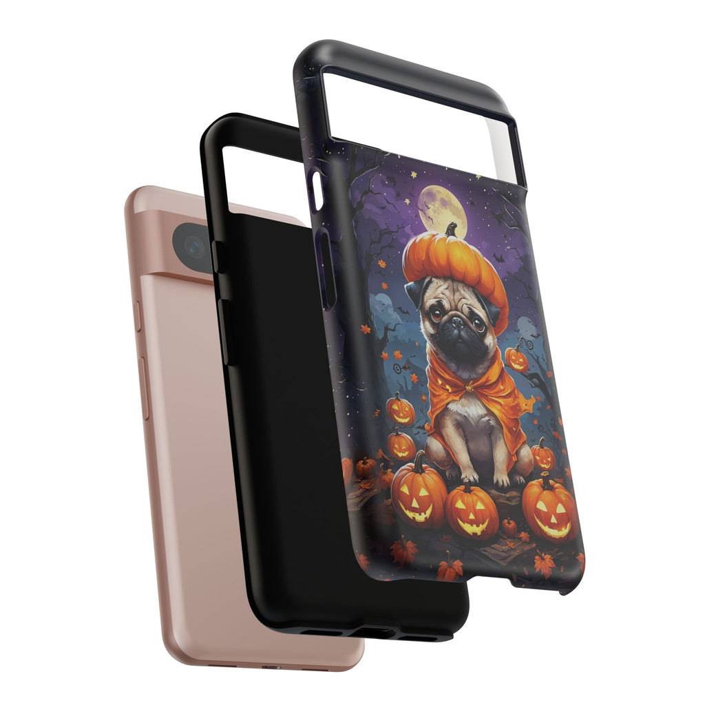 Phone case with a pug in a pumpkin costume design on a white background