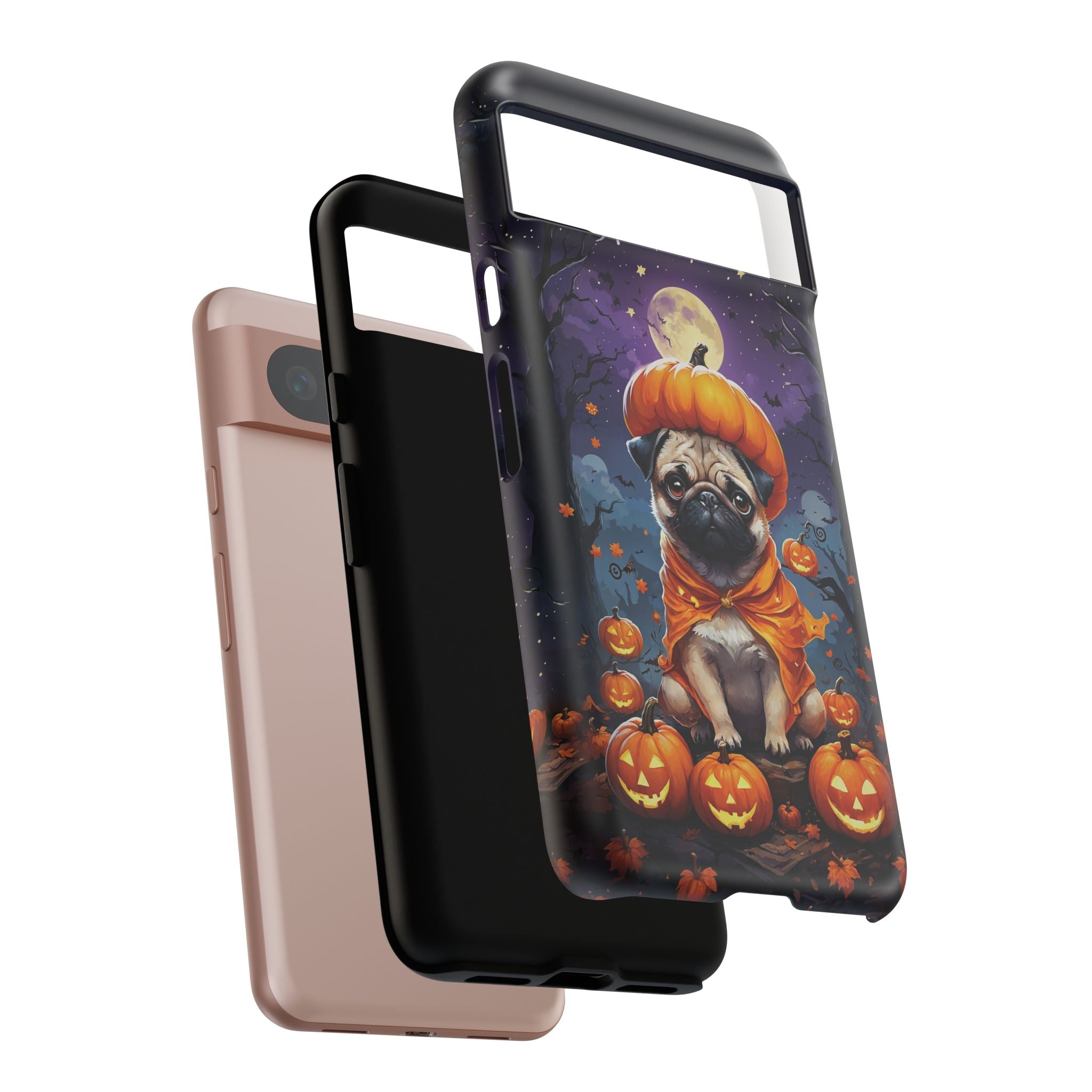 Phone case with a pug in a pumpkin costume design on a white background