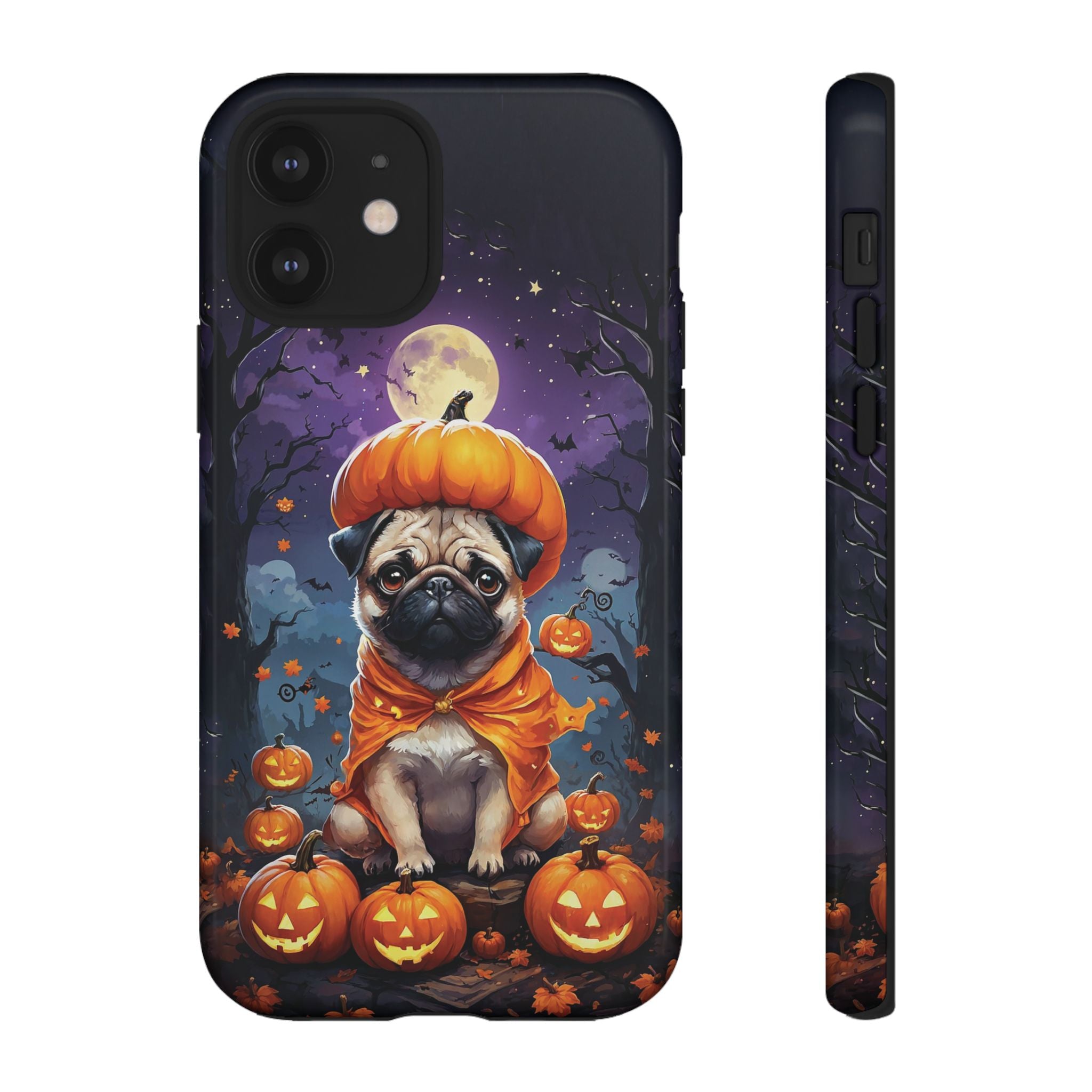 Phone case with a pug in a pumpkin costume surrounded by pumpkins and bats on a dark background