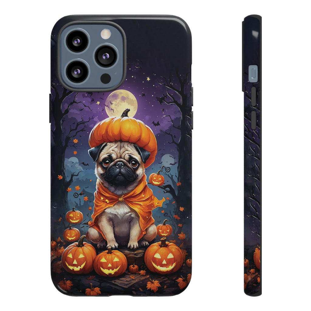 Phone case with a pug in a pumpkin costume on a Halloween-themed background