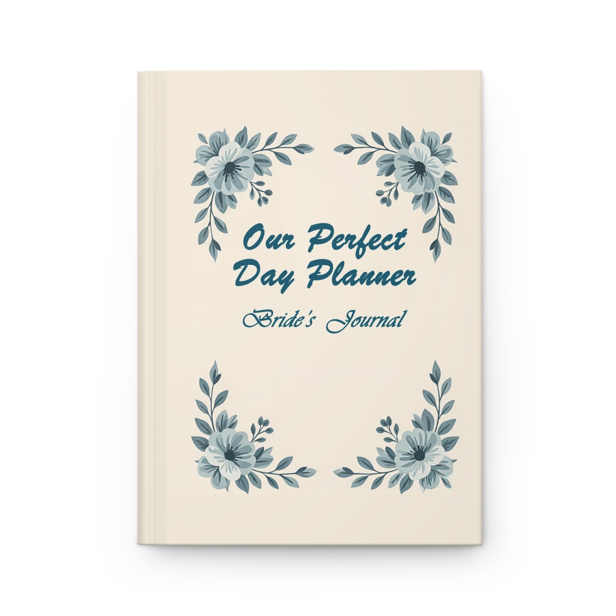 Beige planner with blue floral designs and text on a white background