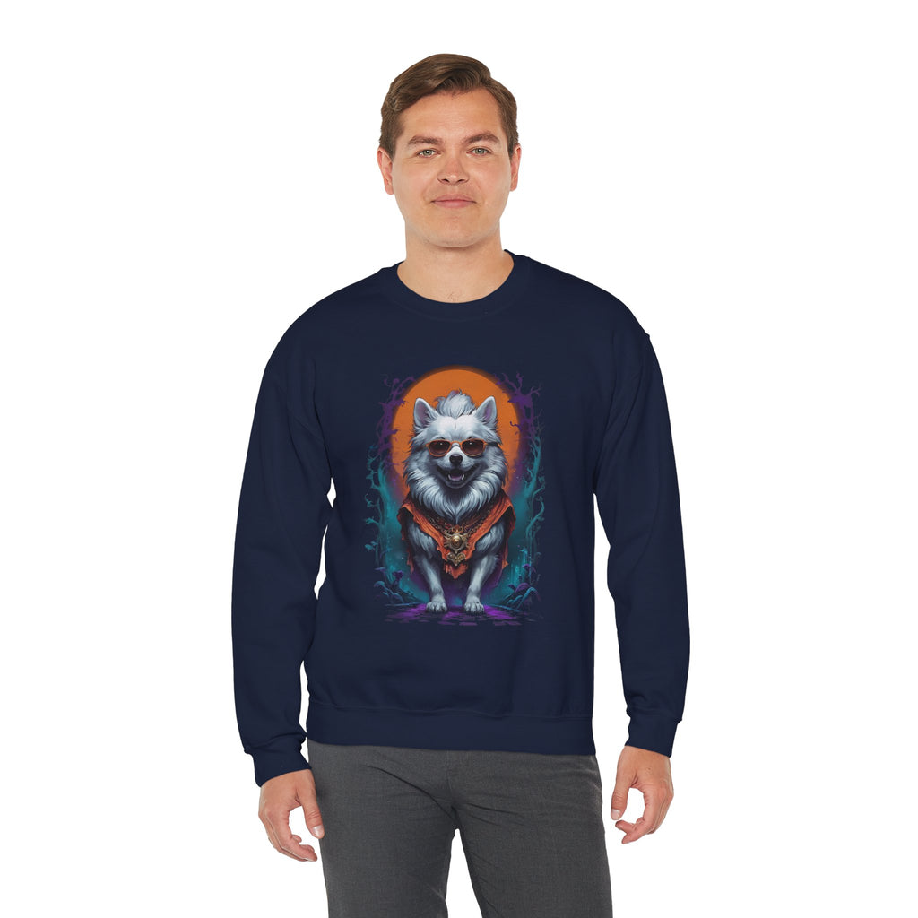 Man wearing a navy blue sweatshirt with a raccoon graphic design on a white background