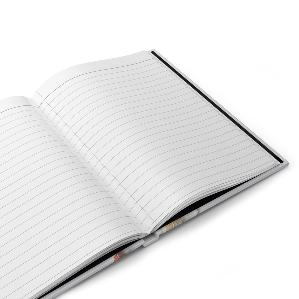 Open notebook with lined pages on a white background