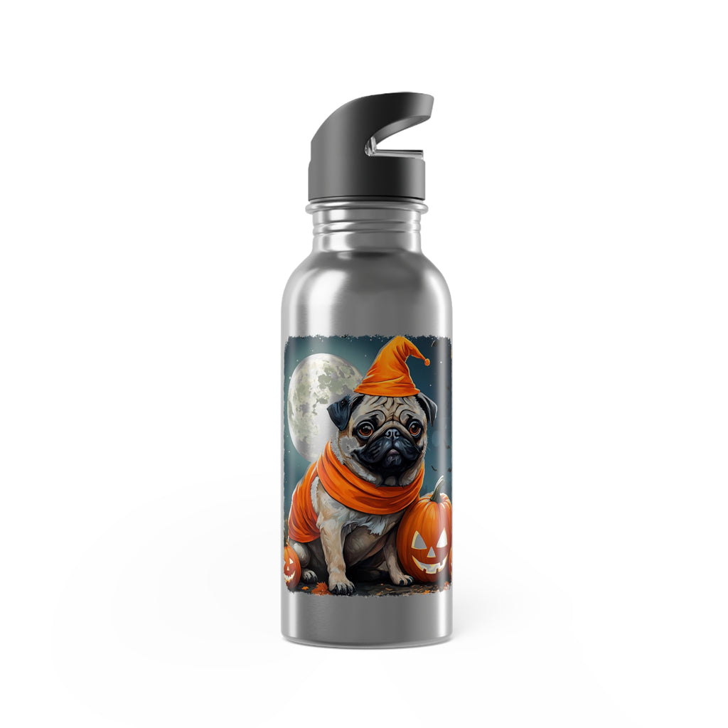 Silver water bottle with a pug in an orange costume design on a white background