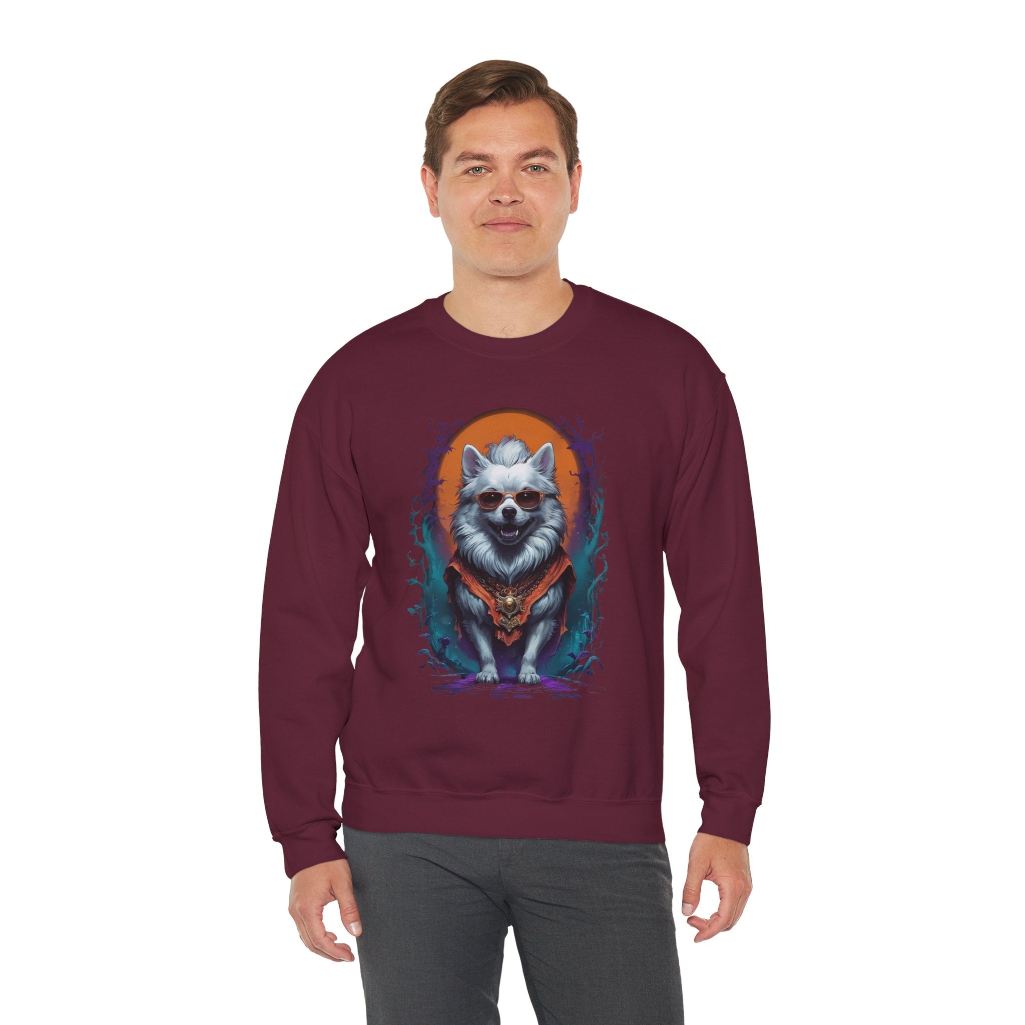 Man wearing a maroon sweatshirt with a colorful raccoon design on a white background