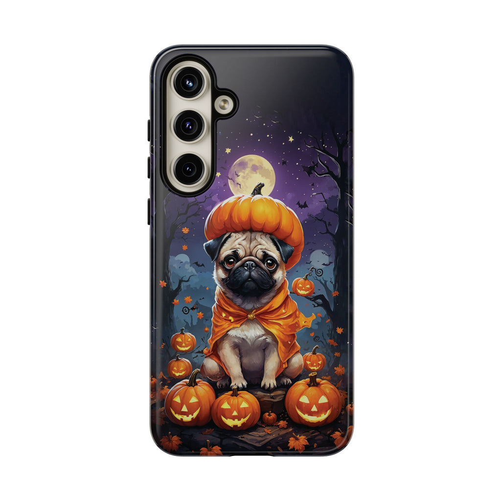Phone case with a pug in a pumpkin costume on a Halloween-themed background