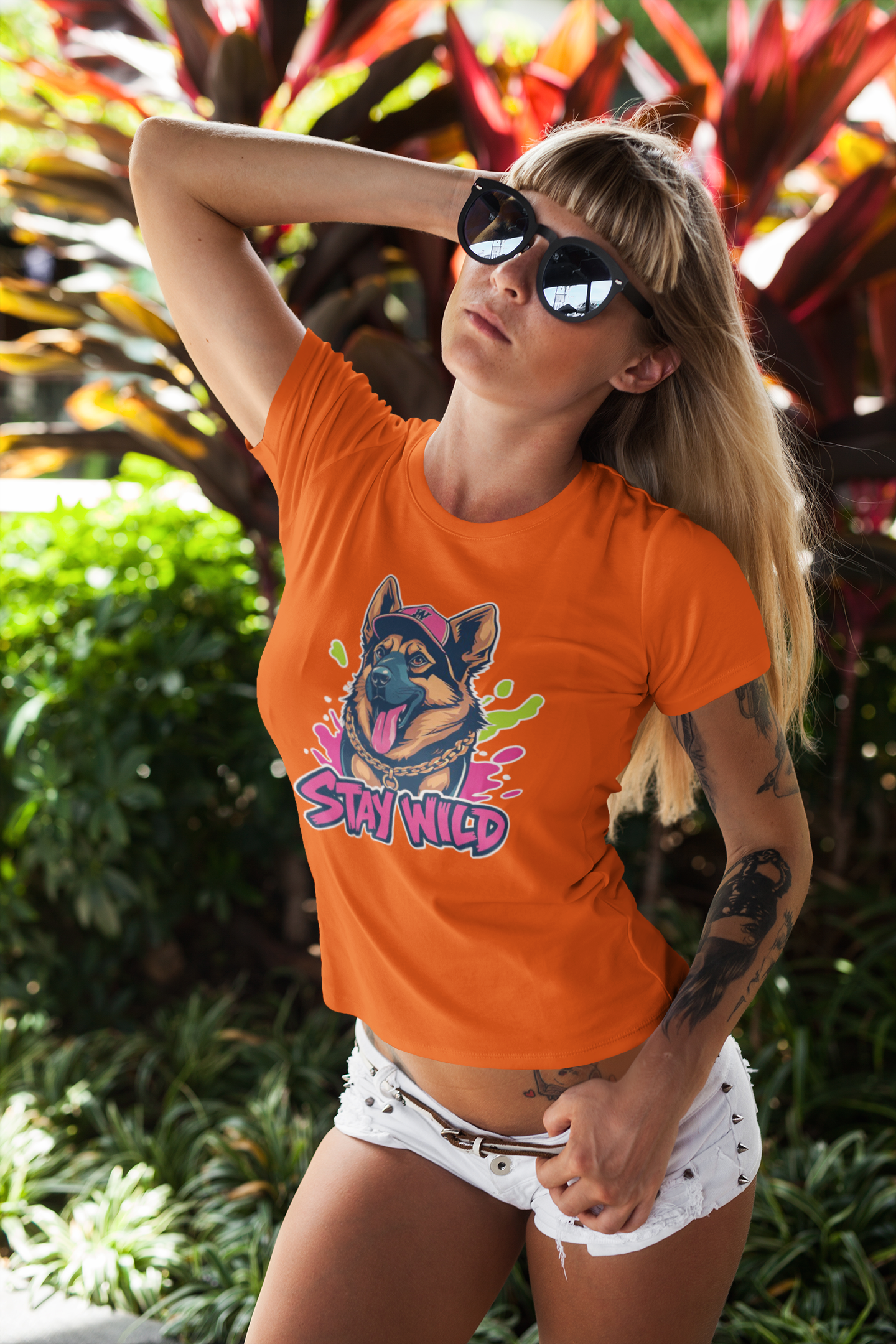 Woman wearing an orange t-shirt with a dog graphic and 'Stay Wild' text, standing outdoors.