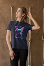 Woman wearing a navy blue t-shirt with a colorful dog graphic on a brown background