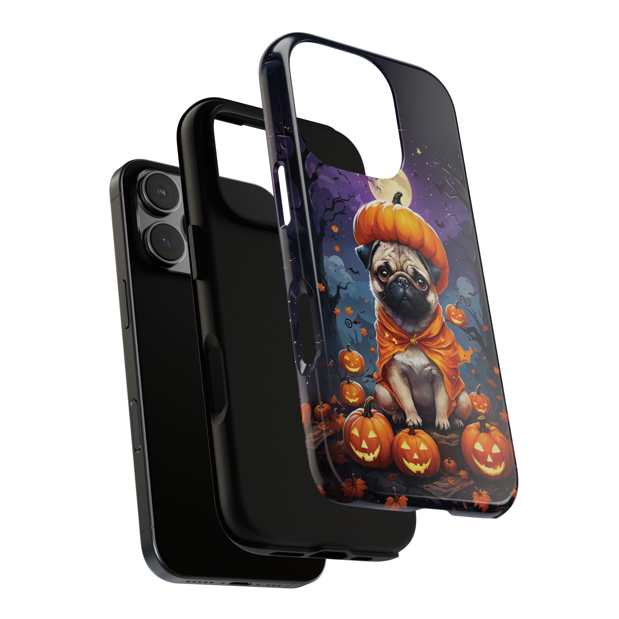 Phone case with a pug in an orange costume surrounded by pumpkins on a white background