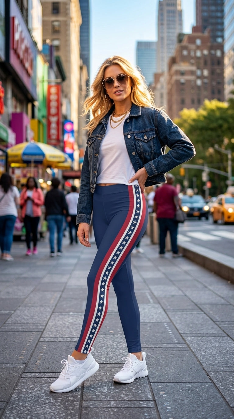 Woman in a stylish outfit with leggings and denim jacket on a city street.