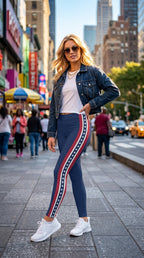 Woman in a stylish outfit with leggings and denim jacket on a city street.