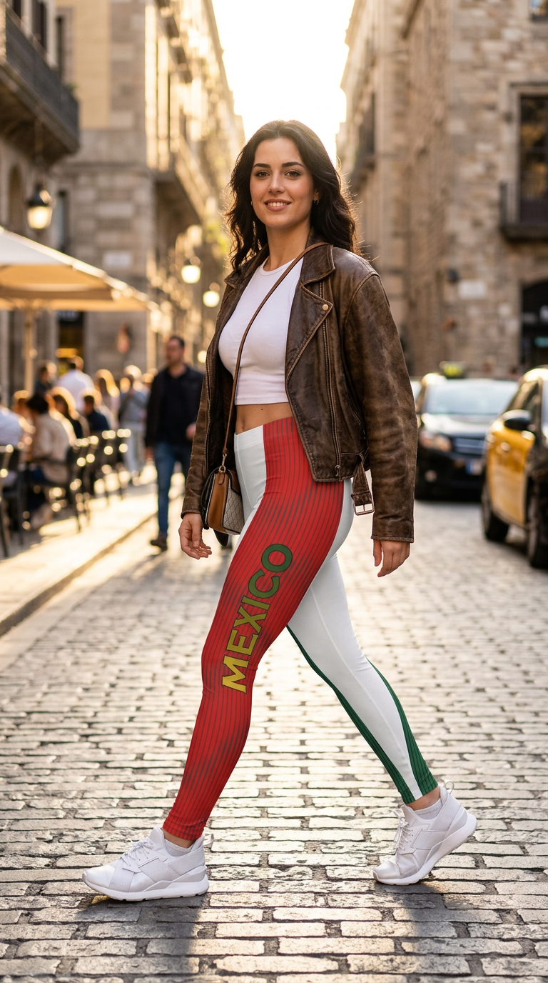 Woman wearing red leggings with 'Mexico' printed on them, standing on a street.