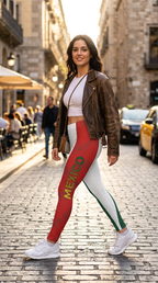 Woman wearing red leggings with 'Mexico' printed on them, standing on a street.