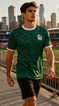 Man wearing a green sports jersey with a cityscape in the background