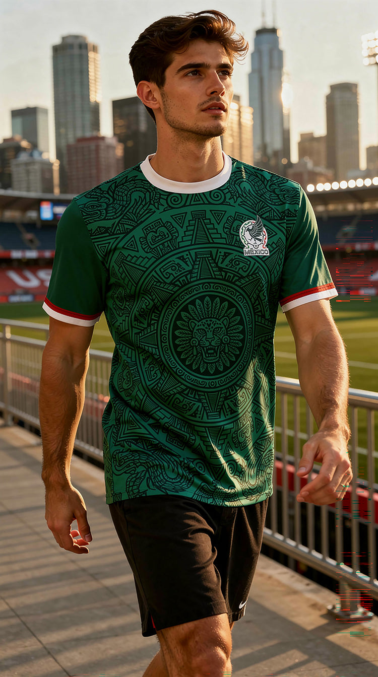 Man wearing a green sports jersey with a cityscape in the background