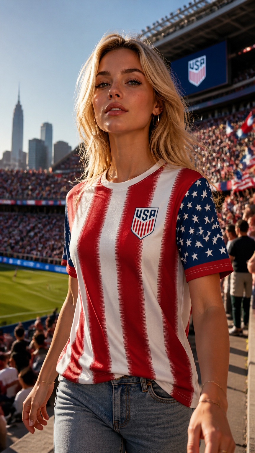 Woman wearing a USA flag t-shirt at a sports event with a city skyline in the background