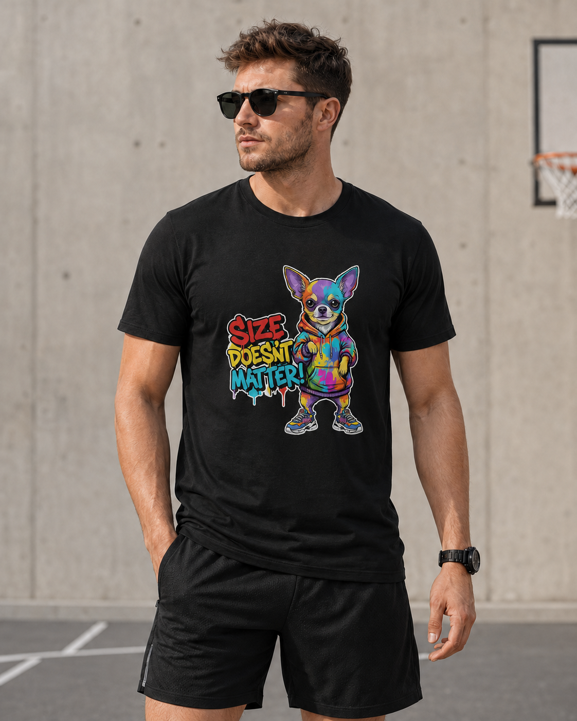 A man wearing a black graphic t-shirt and black athletic shorts, standing outdoors against a concrete wall. The t-shirt features a colorful graphic of a Chihuahua dog with the text 'SIZE DOESN'T MATTER!' in a graffiti-style font.