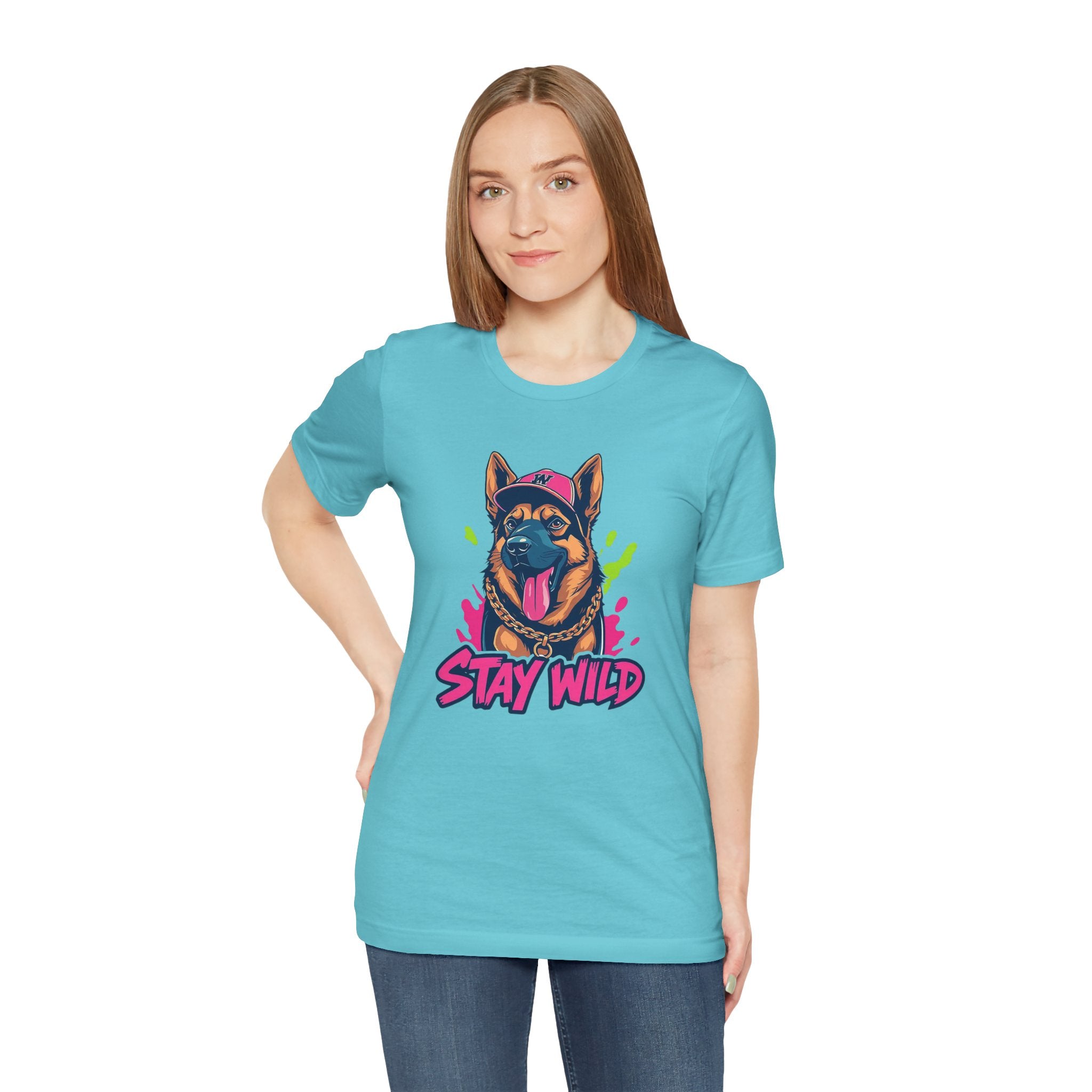 Woman wearing a blue t-shirt with a dog graphic and 'Stay Wild' text on a white background