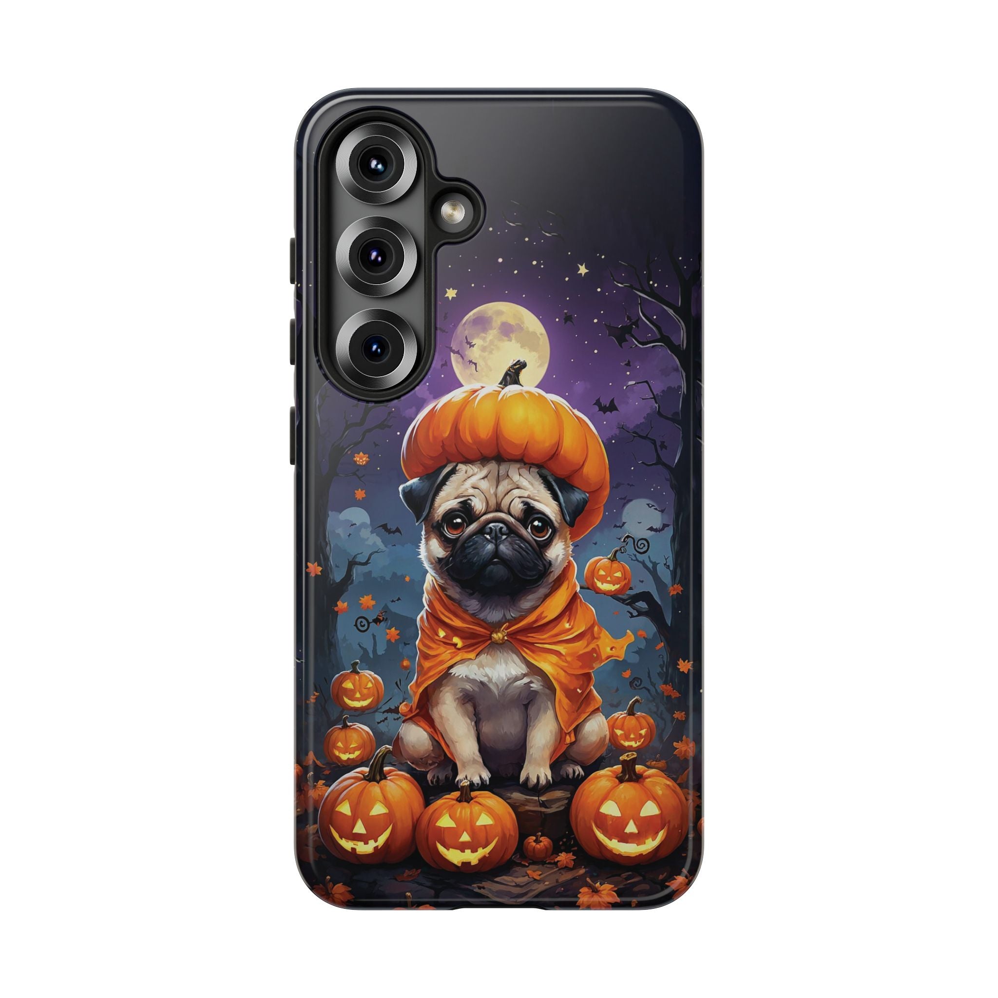 Phone case with a pug in a pumpkin costume on a Halloween-themed background
