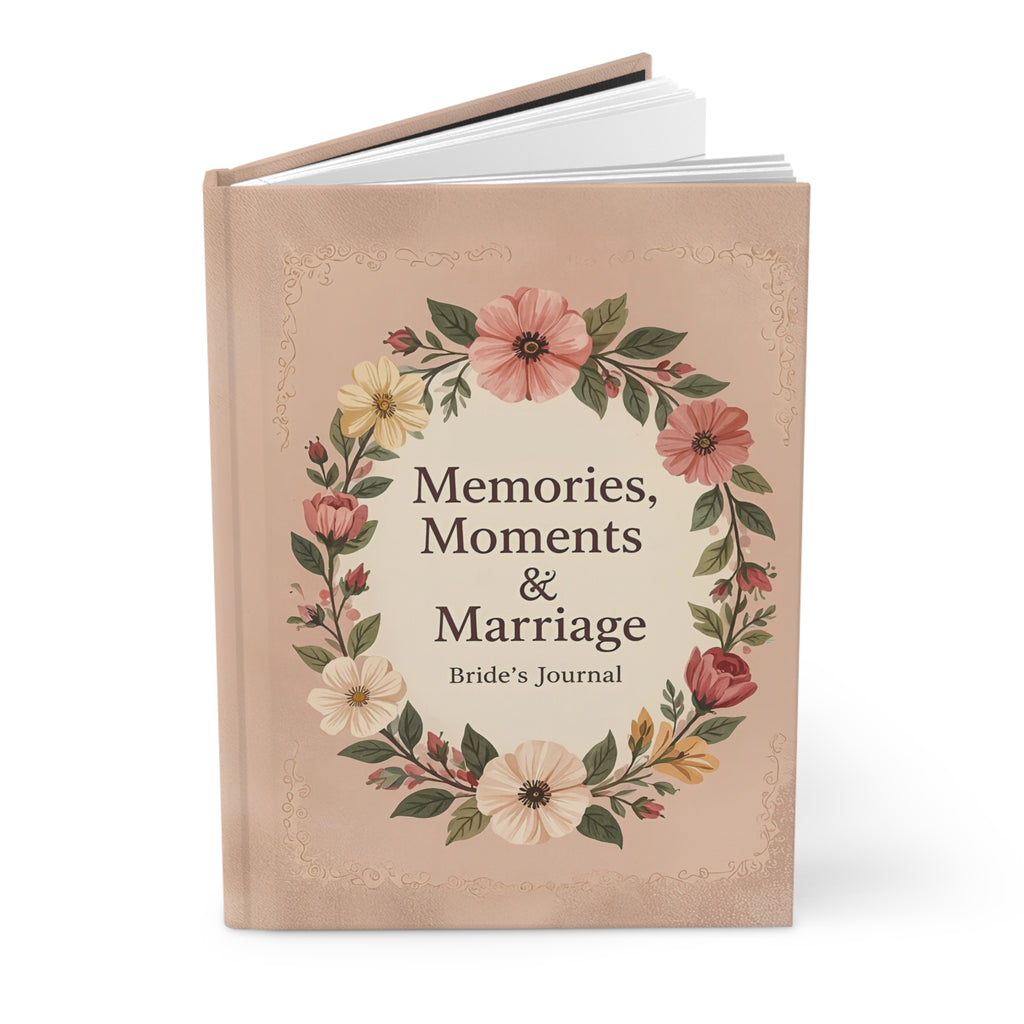 Book titled 'Memories, Moments & Marriage: Bride's Journal' with floral design on cover