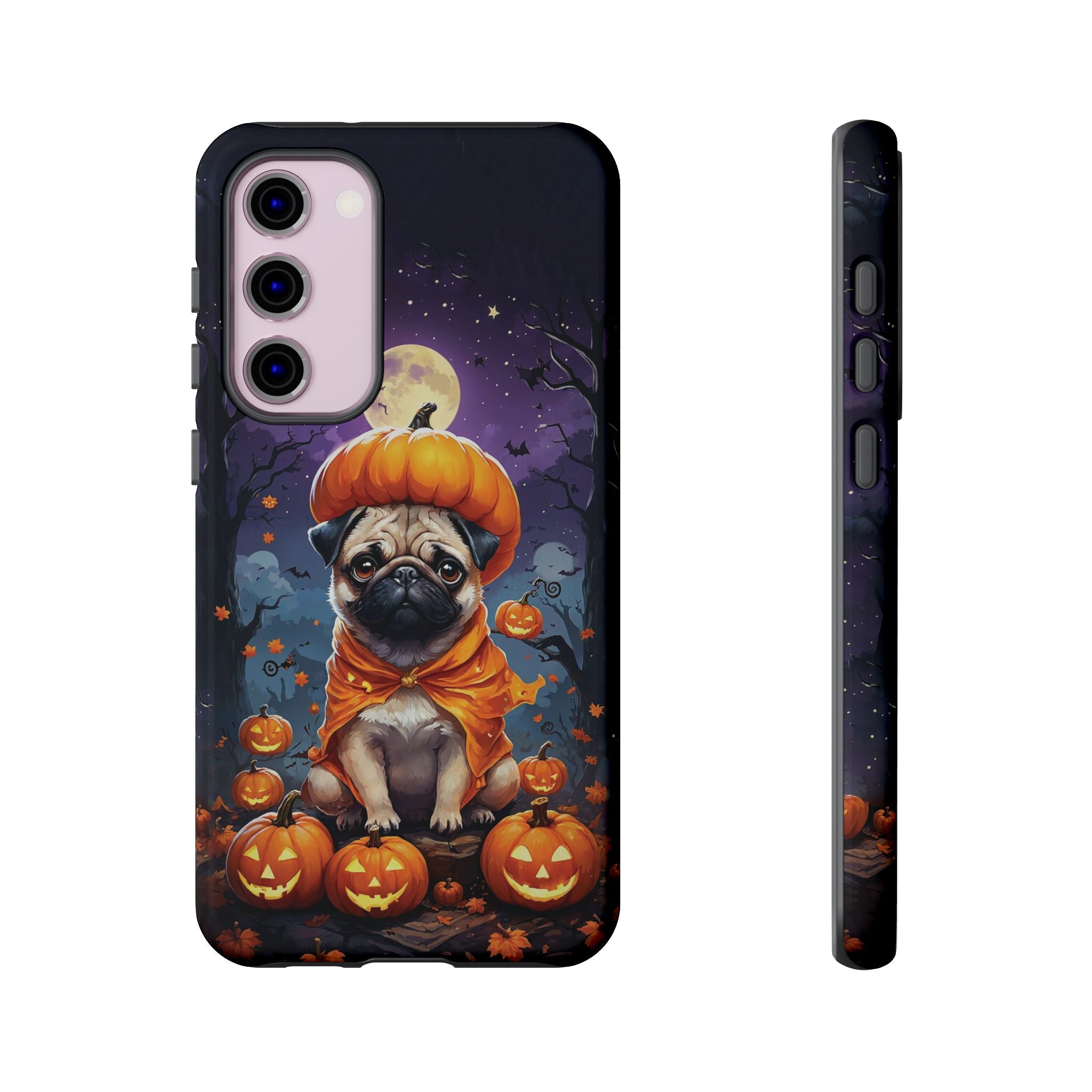 Phone case with a pug in a pumpkin costume on a Halloween-themed background