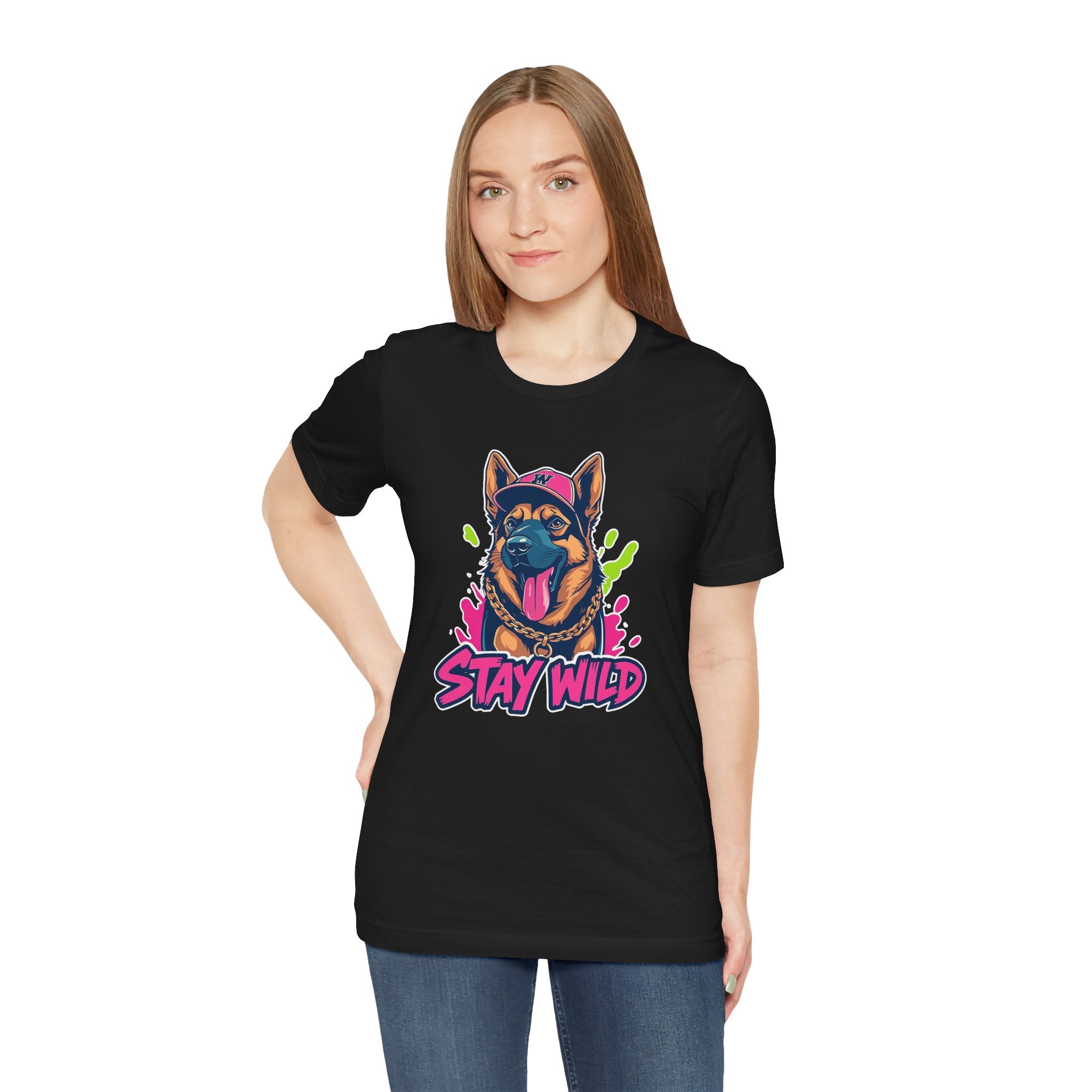 Person wearing a black t-shirt with a dog graphic and 'Stay Wild' text on a white background