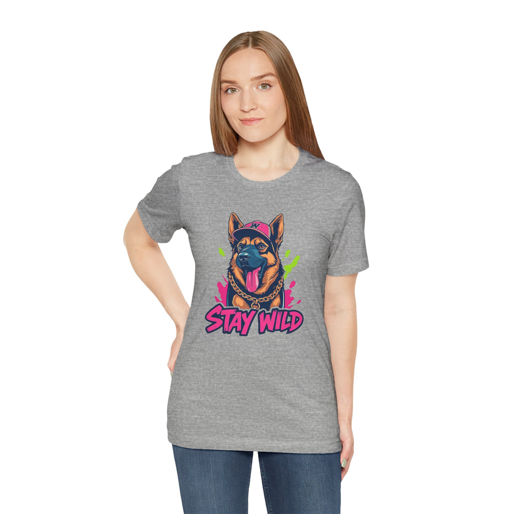 Woman wearing a gray t-shirt with a dog graphic and 'Stay Wild' text on a white background