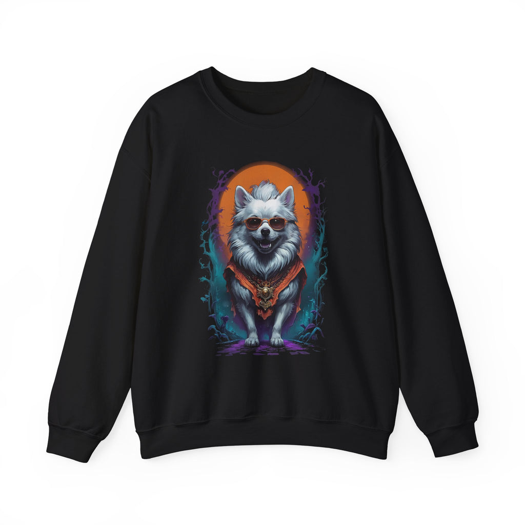 Black sweatshirt with a colorful dog graphic on a white background