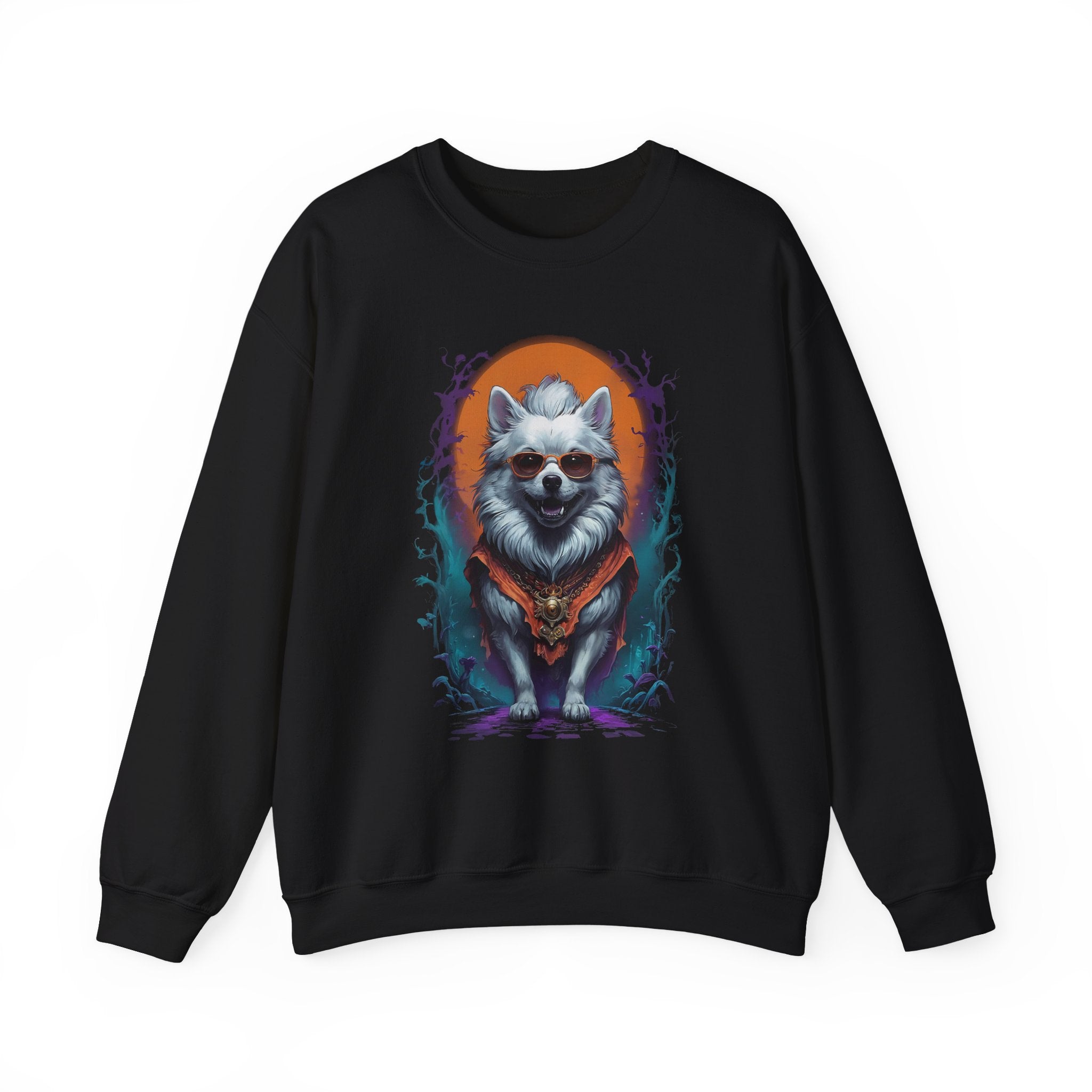 Black sweatshirt with a colorful dog graphic on a white background