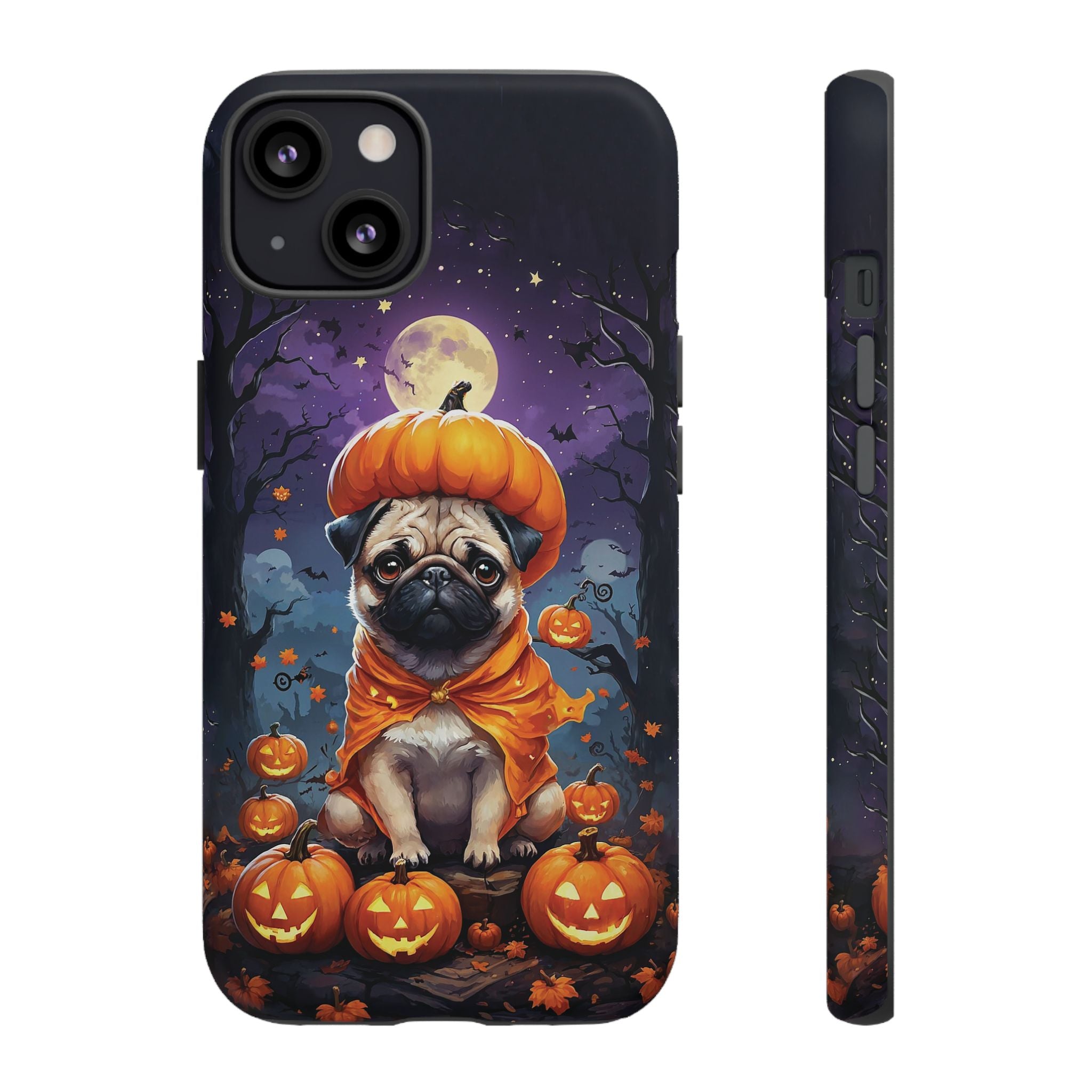 Phone case with a pug in a pumpkin costume on a Halloween-themed background