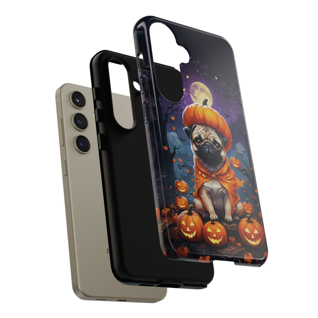 Phone case with a Halloween design featuring a pug in a pumpkin outfit and pumpkins on a dark background.