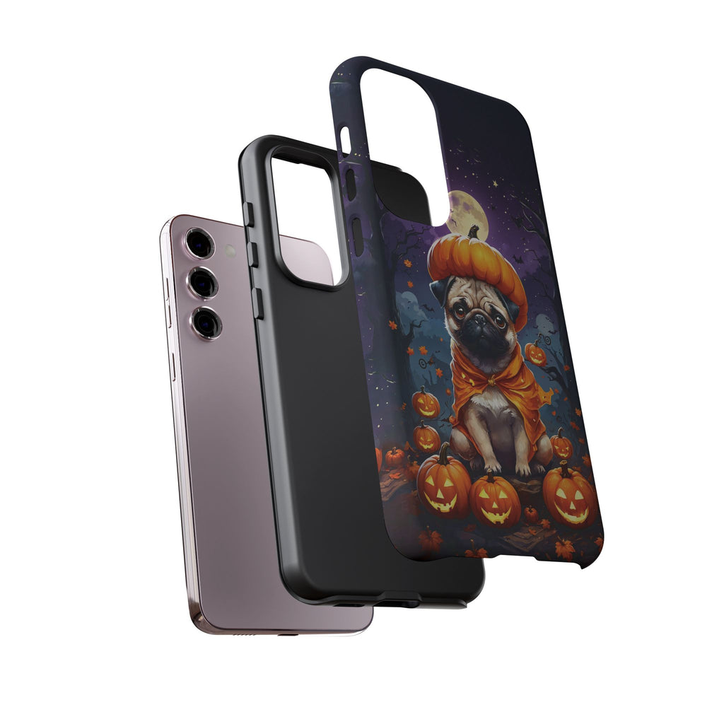 Phone case with a pug in a pumpkin costume on a white background