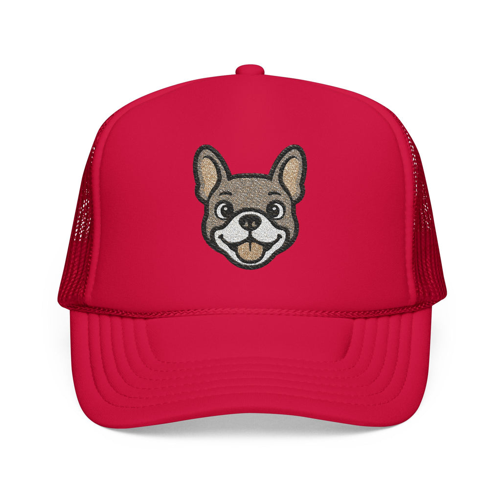 Red trucker cap with a dog face design on a white background