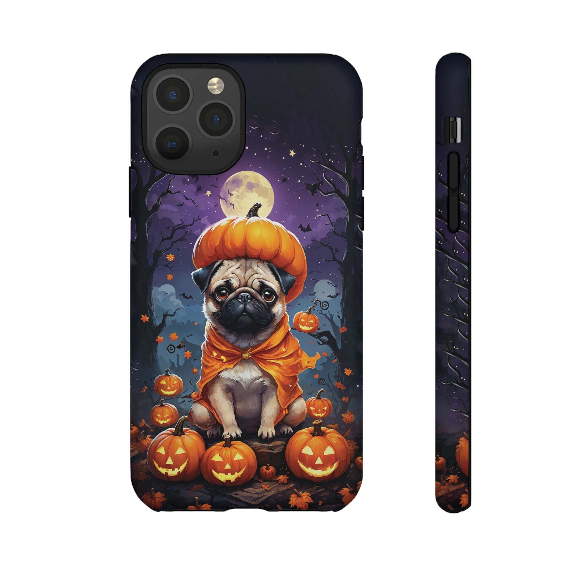 Phone case with a pug in an orange costume surrounded by pumpkins and a full moon on a dark background