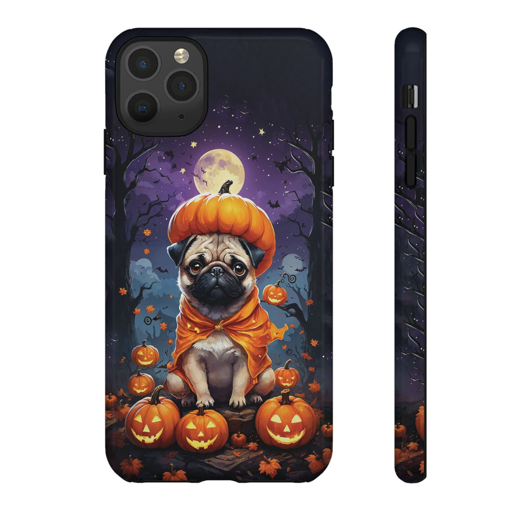 Phone case with a pug in an orange costume surrounded by pumpkins against a Halloween-themed background
