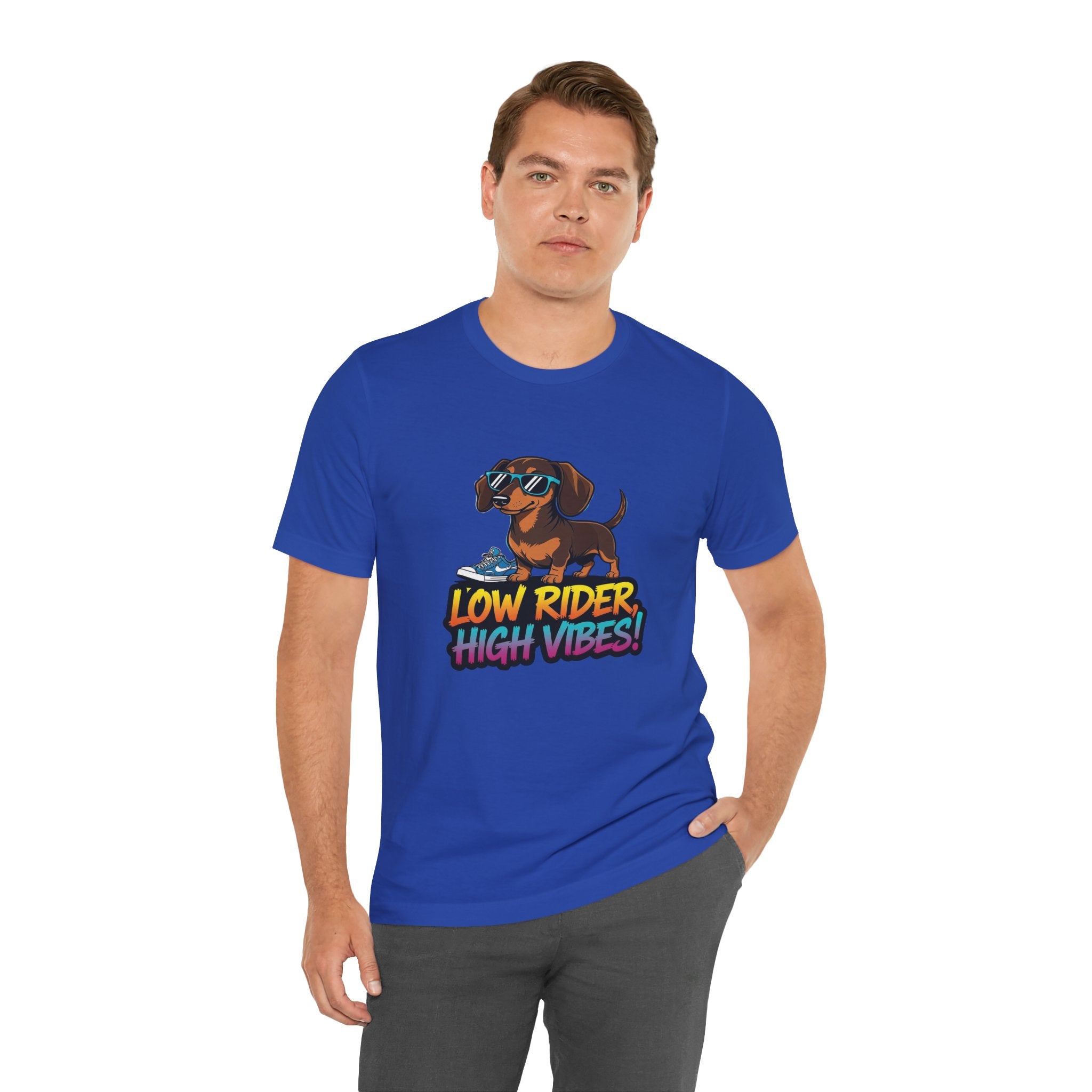 Man wearing a blue t-shirt with a dachshund graphic and text on a white background