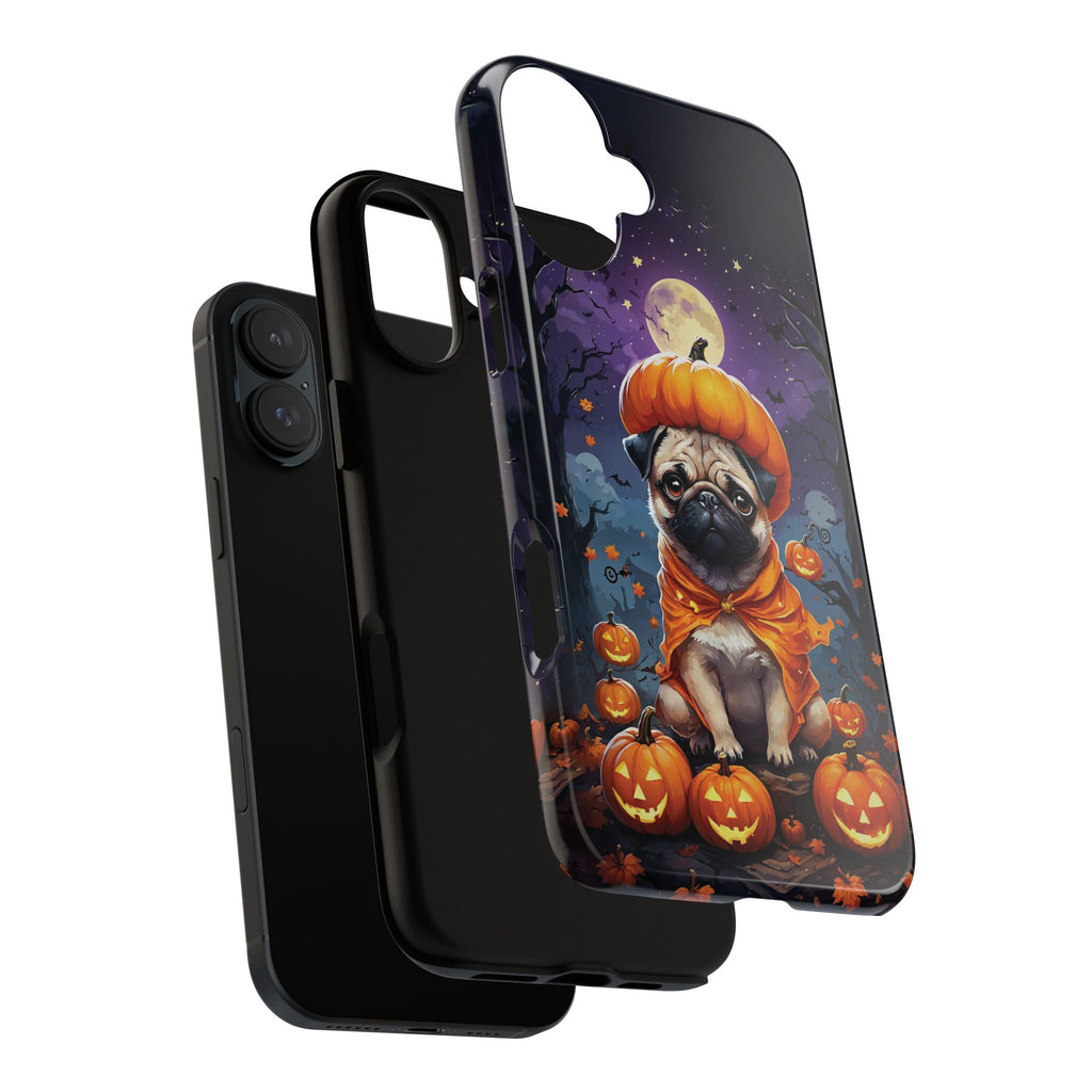 Phone case with a pug in an orange costume among pumpkins on a dark background