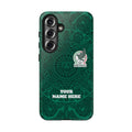 Green phone case with Mexican design and customizable text on a white background