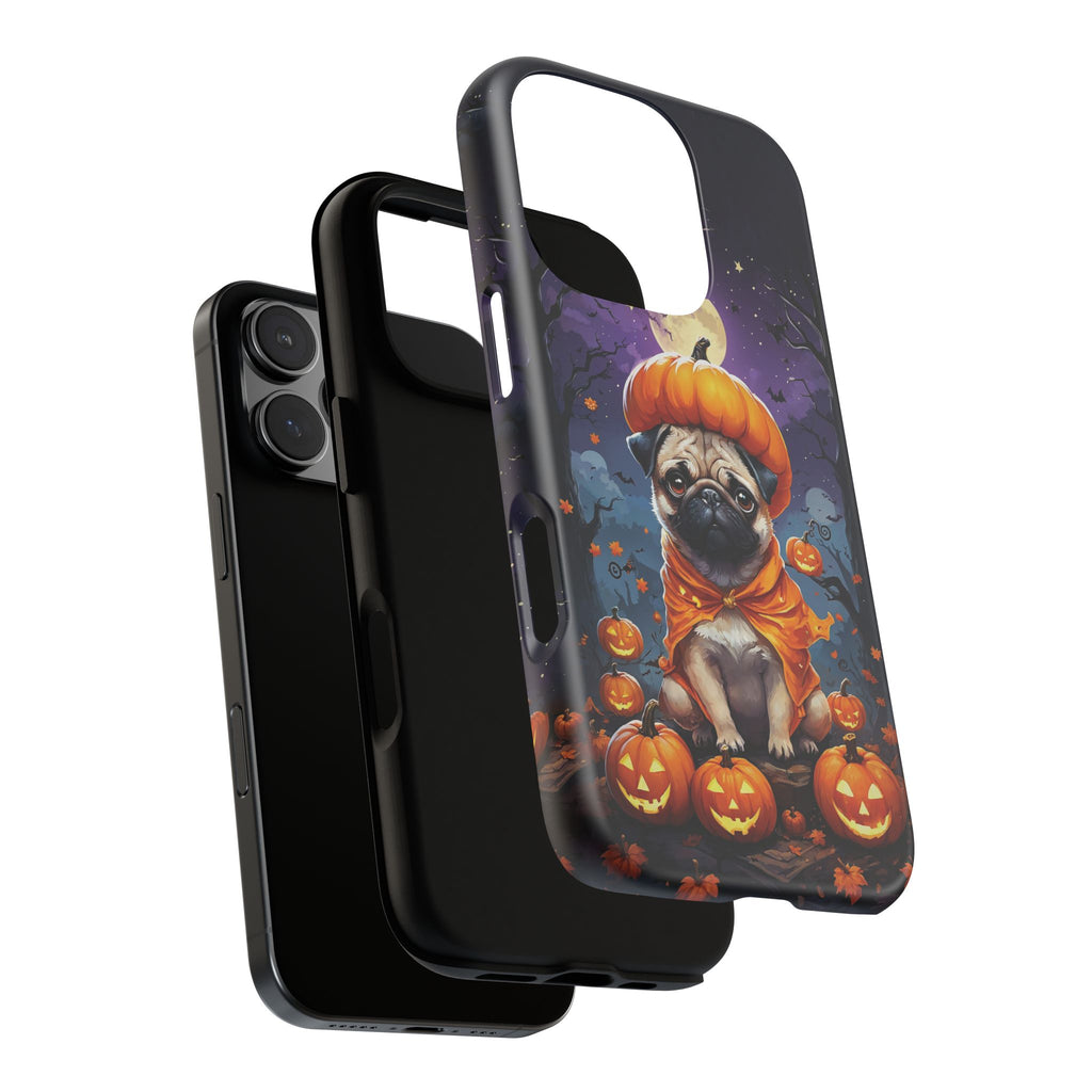 Phone case with a pug in a pumpkin costume surrounded by pumpkins on a white background