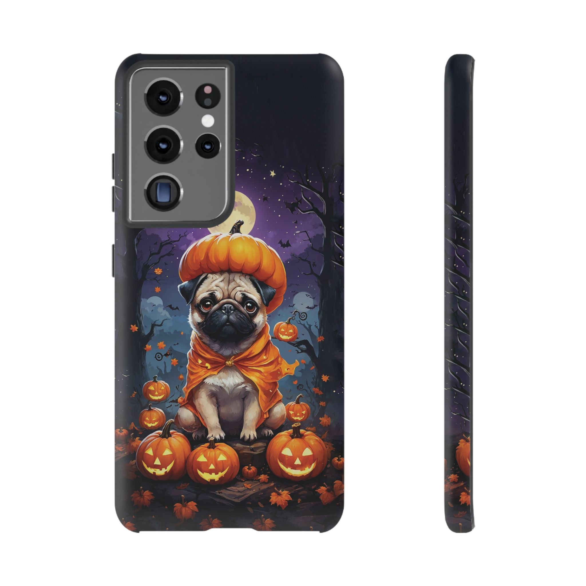 Phone case with a pug in an orange costume surrounded by pumpkins on a dark background