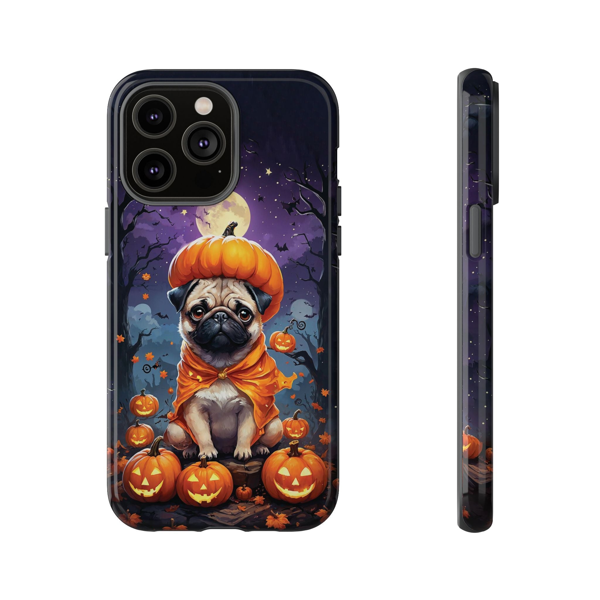 Phone case with a pug in an orange costume on a pumpkin, surrounded by jack-o'-lanterns and bats.