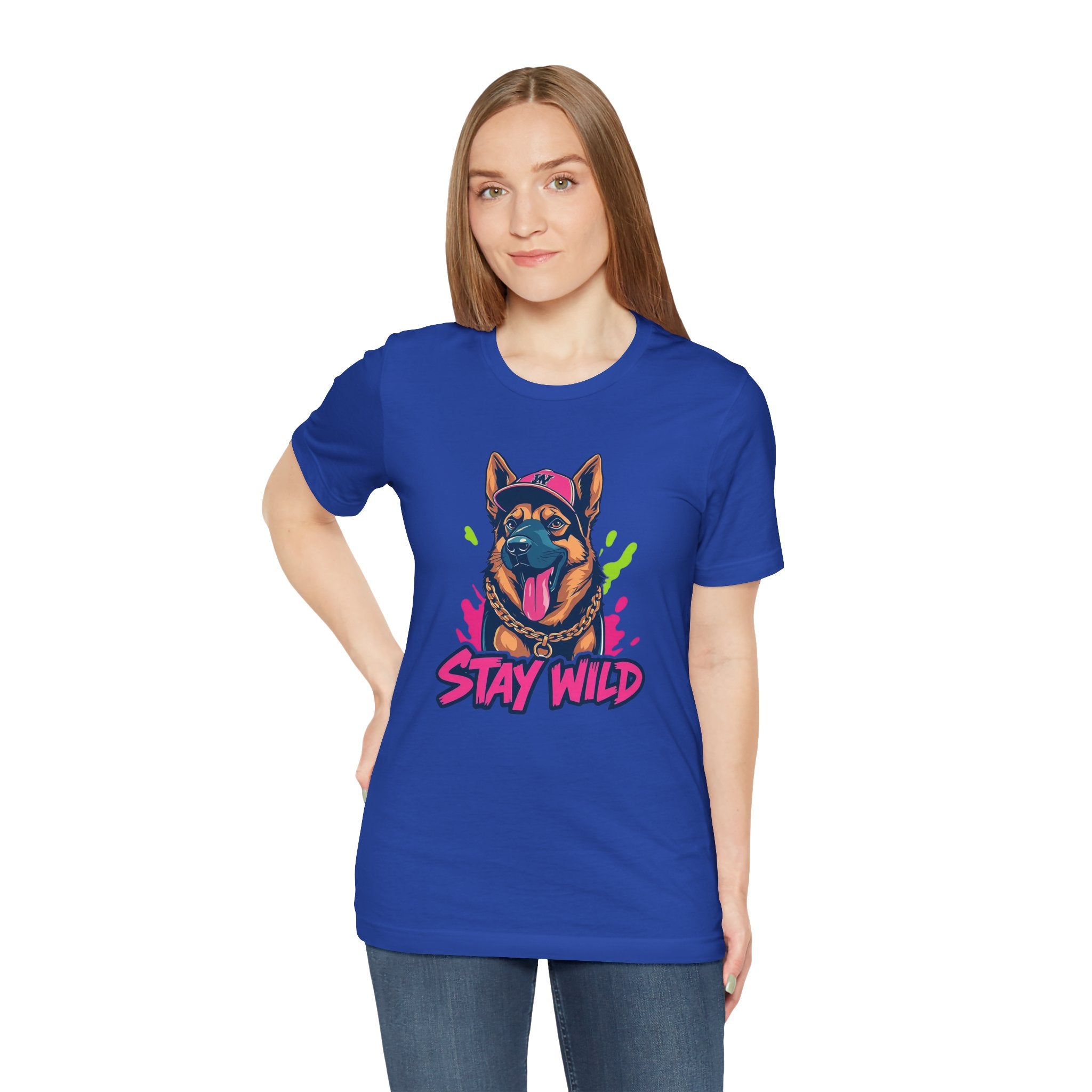 Person wearing a blue t-shirt with a dog graphic and 'Stay Wild' text on a white background