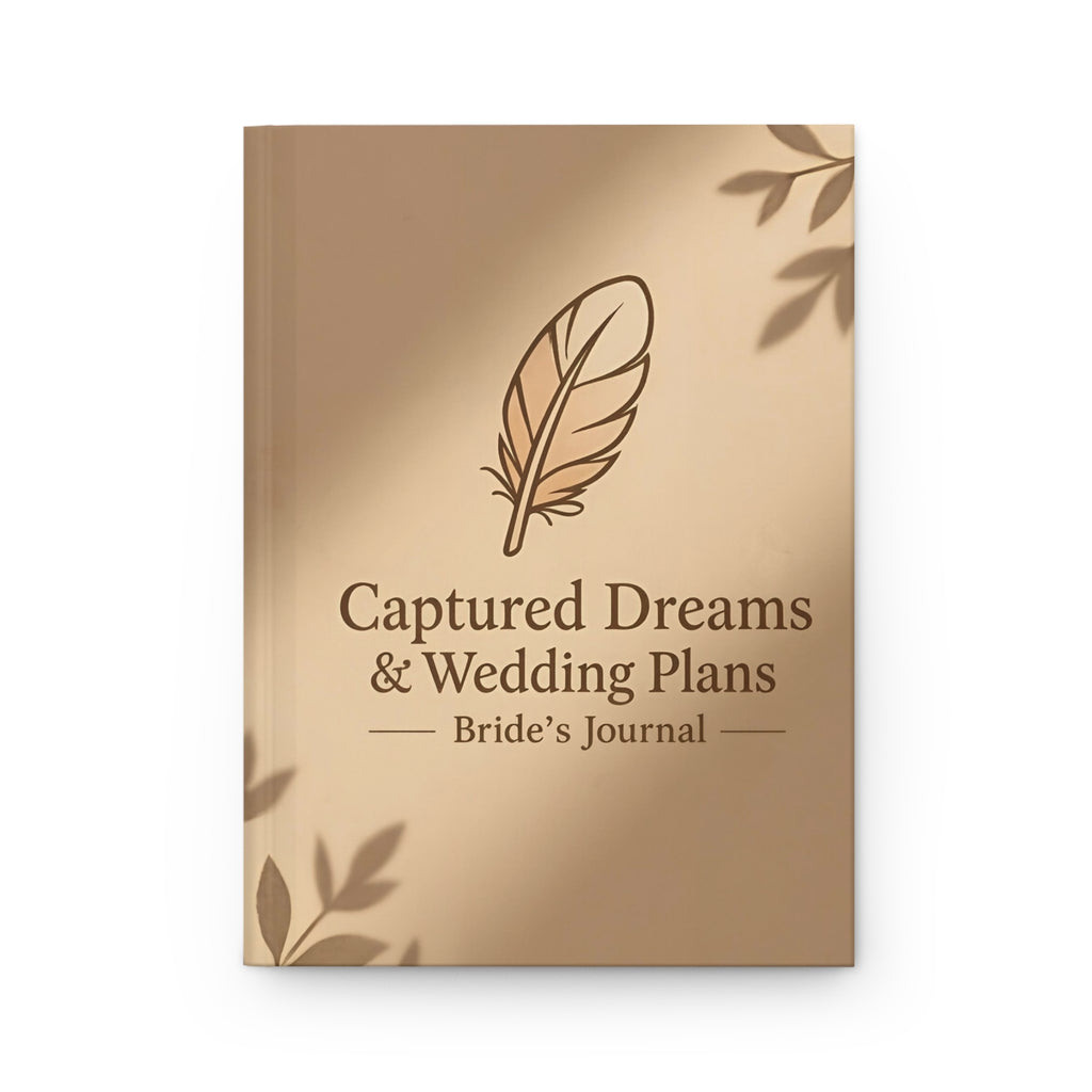 Bride's journal with feather and leaf design on a gold background