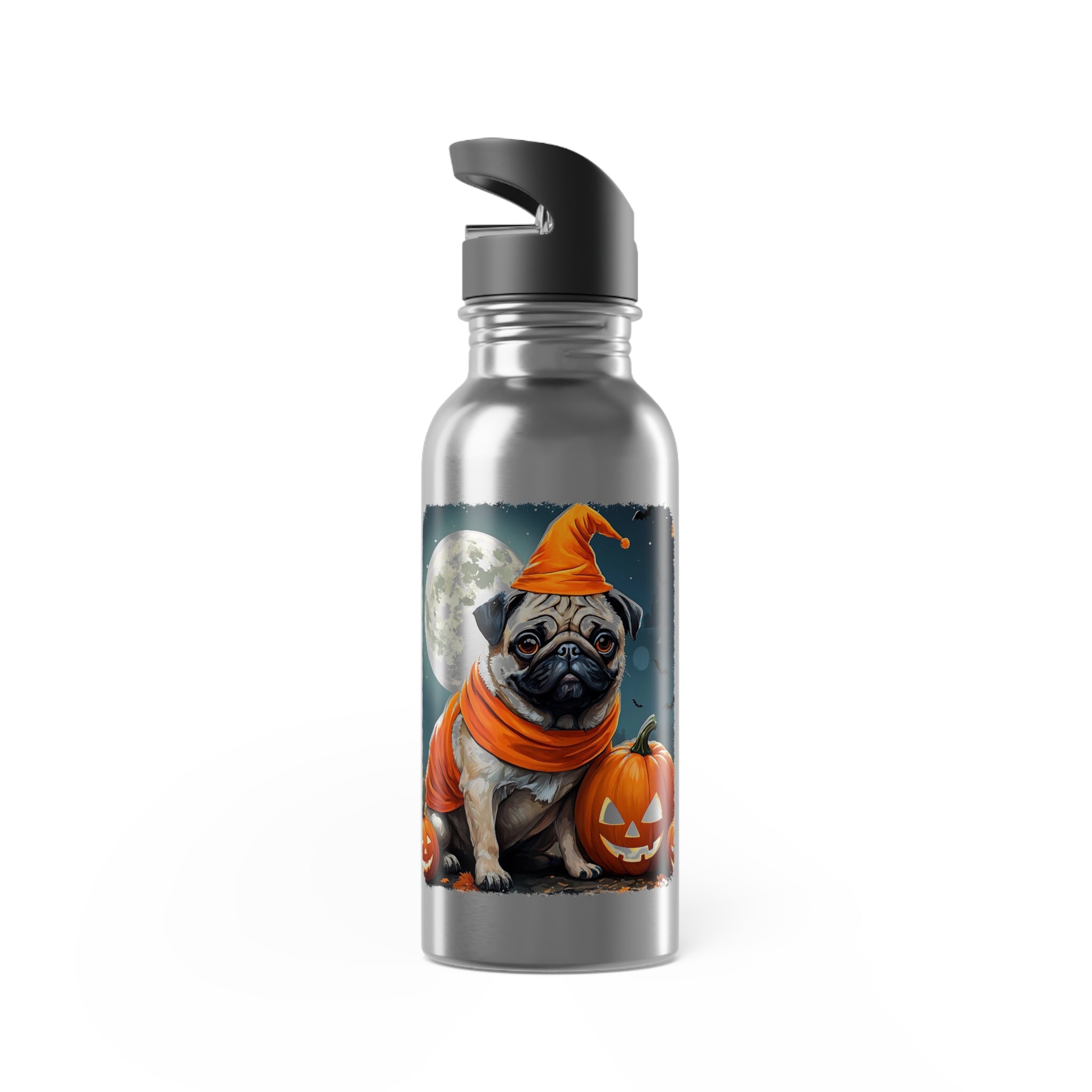 Silver water bottle with a pug in an orange costume and pumpkin design on a white background